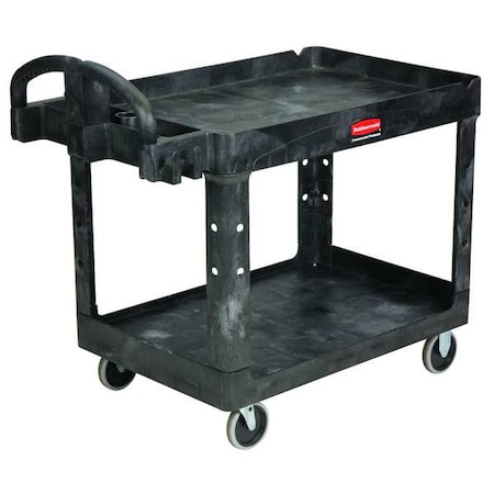 Rubbermaid Commercial Plastic Utility Cart with Deep Lipped Plastic Shelves, Ergonomic, 2 Shelves, 500 lbs. FG452088BLA
