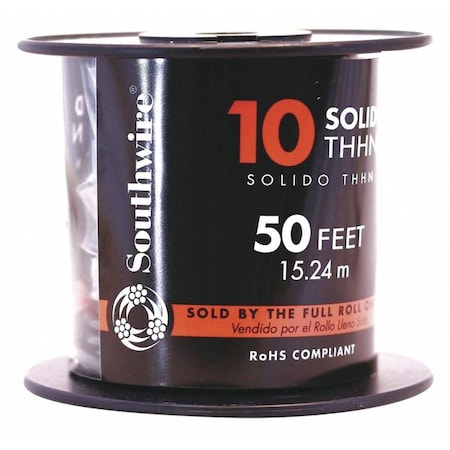 Southwire THHN Building Wire, Copper, 10 AWG, 1C, Black, Solid, 50 ft 11595617