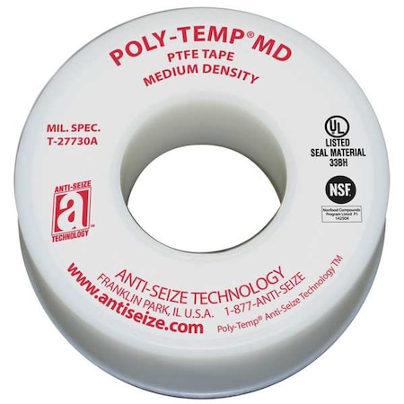 Anti-Seize Technology Thread Sealant Tape, Poly-Temp, Medium Density, 1/2 in W x 43 ft L, White 16035