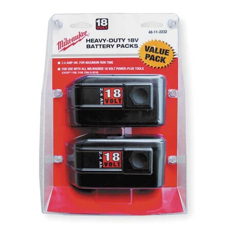 Milwaukee Tool 18.0V NiCd Battery, 2.4Ah Capacity, 2PK 48-11-2232