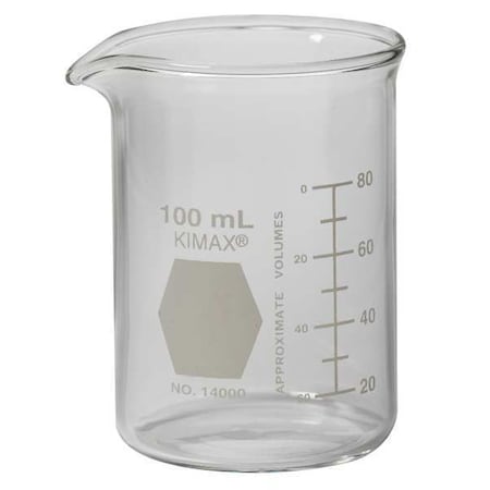 Kimble Chase Beaker, Borosilicate Glass, Low Form, 100 mL / 3.38 fl oz Capacity, A Type I, 48 PK 14000-100
