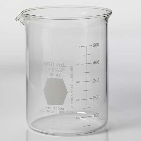 Kimble Chase Beaker, Borosilicate Glass, Low Form, 600 mL / 20.28 fl oz Capacity, A Type I, 36 PK 14000-600