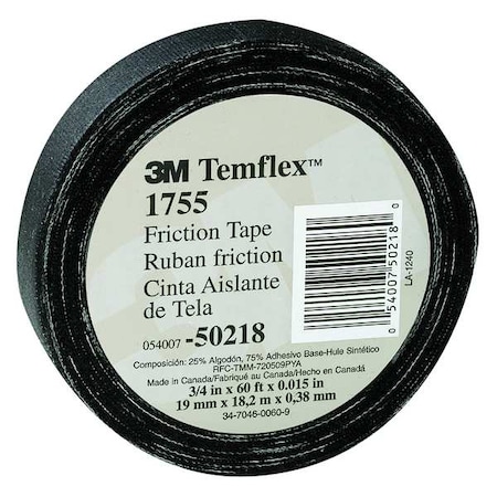 3M Electrical Friction Tape, 1755, Temflex, 3/4 in W x 60 ft L, 13 mil thick, Cotton, Black, 1 Pack 1755 3/4"X60'