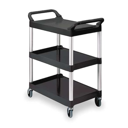 Rubbermaid Commercial Dual-Handle Utility Cart with Lipped Plastic Shelves, Plastic, 200 lb Load Capacity, 3 Shelves FG342488BLA