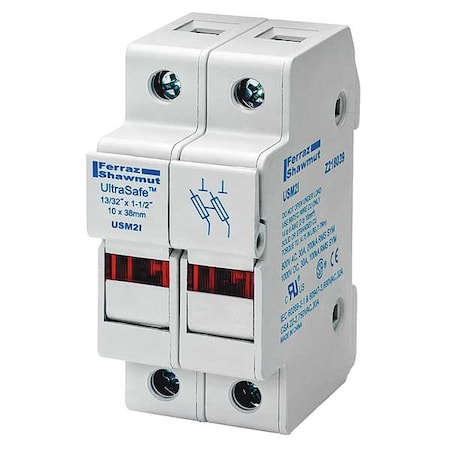Mersen Finger Safe Fuse Block, 0 to 30A Amp Range, 600V AC/DC Volt Rating, 2 Poles, Pressure Plate USM2I