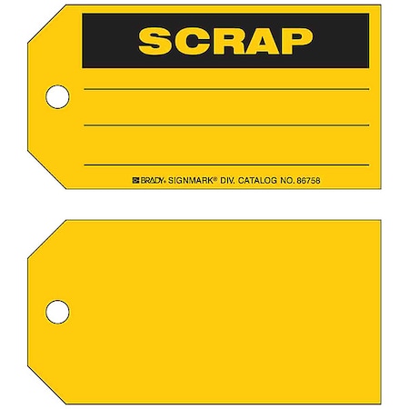 Brady Tag, Maintenance, Paper, 3 in H x 5 3/4 in W, Yellow, Rectangle, 100 PK 86758