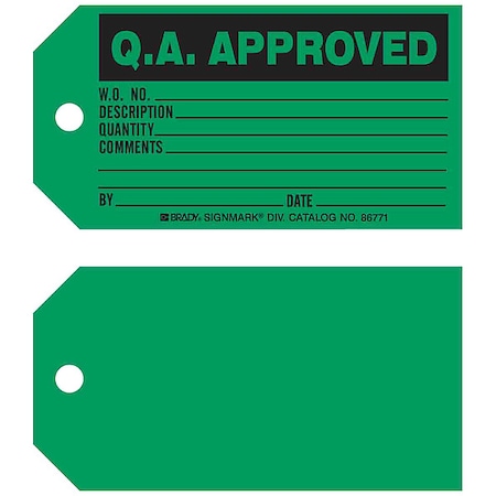 Brady Tag, Inspection, Paper, 3 in H x 5 3/4 in W, Black on Green, Rectangle, 100 PK 86771