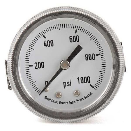 Zoro Select Panel-Mount Pressure Gauge, 0 to 1,000 psi, 2 in Dial, 1/8 in NPT, Center Back Location 4CEY3