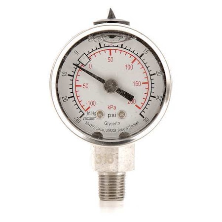 Zoro Select Commercial Compound Gauge, 30 to 0 to 30 psi, 1 1/2 in Dial, 1/8 in NPT, Bottom Location 4CFD9