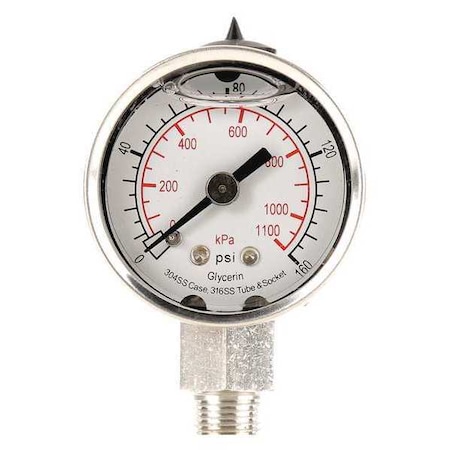 Zoro Select Commercial Pressure Gauge, 0 to 160 psi, 1 1/2 in Dial, 1/8 in NPT, Bottom Location 4CFE4