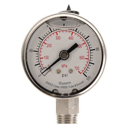 Zoro Select Commercial Pressure Gauge, 0 to 100 psi, 2 in Dial, 1/4 in NPT, Bottom Location 4CFF8
