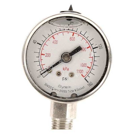 Zoro Select Commercial Pressure Gauge, 0 to 160 psi, 2 in Dial, 1/4 in NPT, Bottom Location 4CFF9