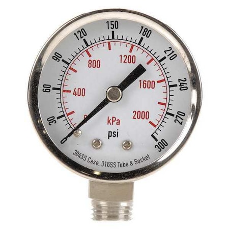 Zoro Select Commercial Pressure Gauge, 0 to 60 psi, 2 in Dial, 1/4 in NPT, Bottom Location 4CFF7
