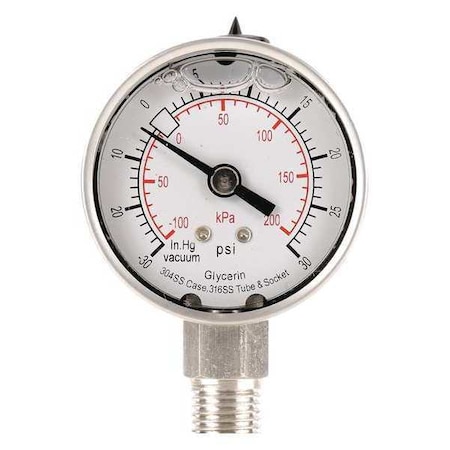 Zoro Select Commercial Compound Gauge, 30 to 0 to 30 psi, 2 in Dial, 1/4 in NPT, Bottom Location 4CFF5