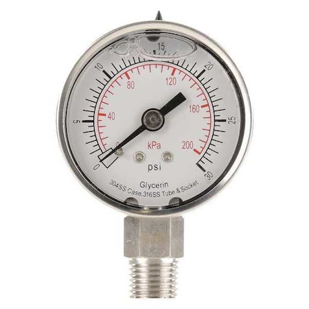 Zoro Select Commercial Pressure Gauge, 0 to 30 psi, 2 in Dial, 1/4 in NPT, Bottom Location 4CFF6