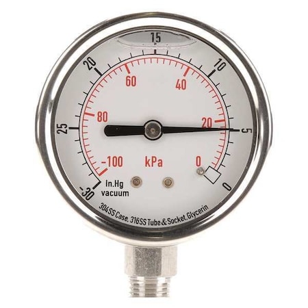 Zoro Select Vacuum Gauge, Liquid Filled, 2-1/2 In, Case Color: Silver 4CFG9