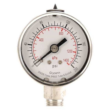 Zoro Select Commercial Pressure Gauge, 0 to 200 psi, 2 in Dial, 1/4 in NPT, Bottom Location 4CFG1