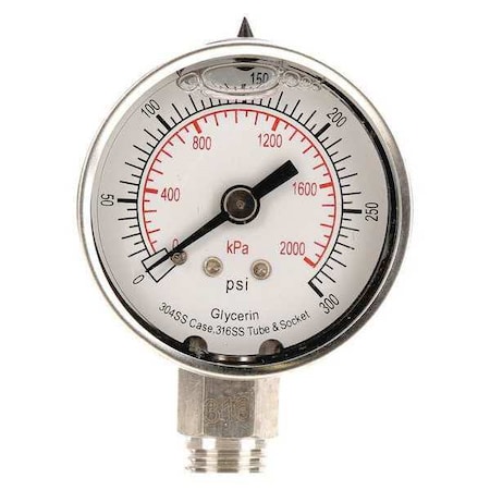 Zoro Select Commercial Pressure Gauge, 0 to 300 psi, 2 in Dial, 1/4 in NPT, Bottom Location 4CFG2