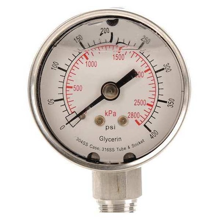 Zoro Select Commercial Pressure Gauge, 0 to 400 psi, 2 in Dial, 1/4 in NPT, Bottom Location 4CFG3