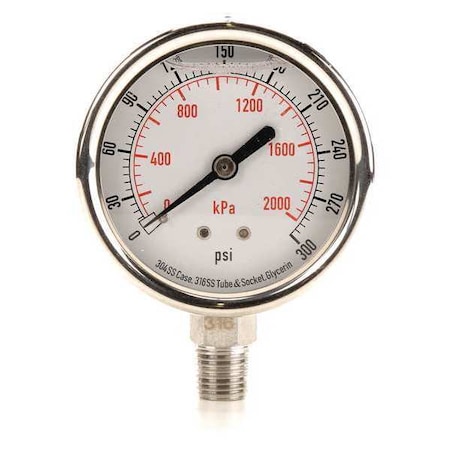 Zoro Select Commercial Pressure Gauge, 0 to 300 psi, 2 1/2 in Dial, 1/4 in NPT, Bottom Location 4CFH7