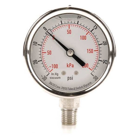 Zoro Select Commercial Compound Gauge, 30 to 0 to 30 psi, 2 1/2 in Dial, 1/4 in NPT, Bottom Location 4CFH1