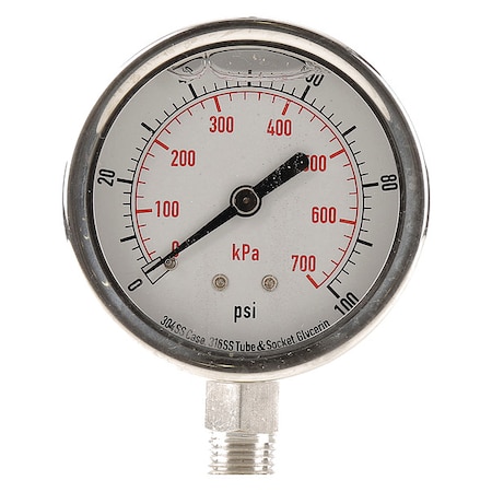 Zoro Select Commercial Pressure Gauge, 0 to 100 psi, 2 1/2 in Dial, 1/4 in NPT, Bottom Location 4CFH4