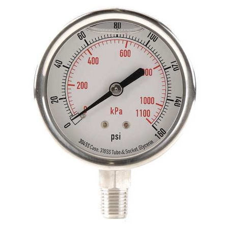 Zoro Select Commercial Pressure Gauge, 0 to 160 psi, 2 1/2 in Dial, 1/4 in NPT, Bottom Location 4CFH5