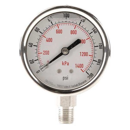 ZORO SELECT Pressure Gauge, 0 to 200 psi, 1/4 in MNPT, Stainless Steel, Silver 4CFH6