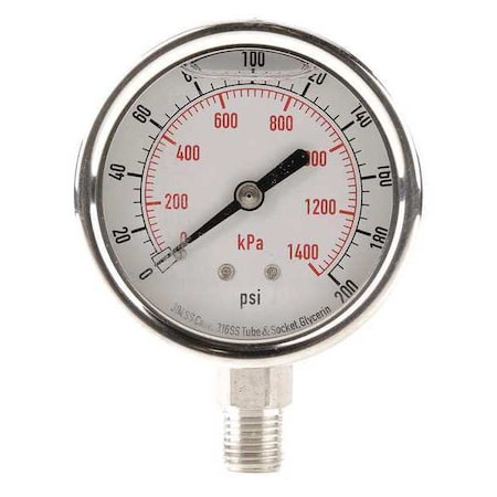 Zoro Select Commercial Pressure Gauge, 0 to 200 psi, 2 1/2 in Dial, 1/4 in NPT, Bottom Location 4CFH6