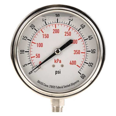 Zoro Select Commercial Pressure Gauge, 0 to 60 psi, 3 1/2 in Dial, 1/4 in NPT, Bottom Location 4CFJ8