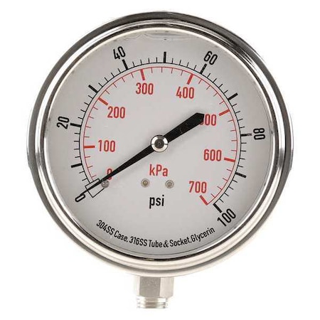 Zoro Select Commercial Pressure Gauge, 0 to 100 psi, 3 1/2 in Dial, 1/4 in NPT, Bottom Location 4CFJ9