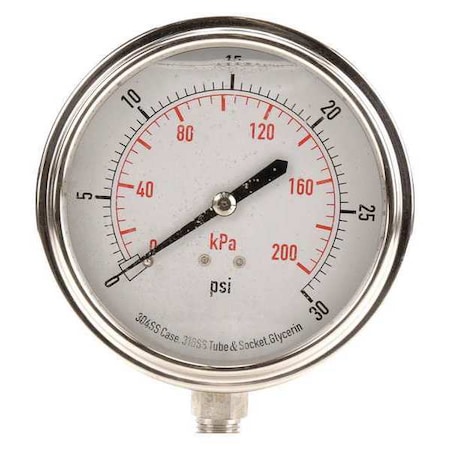 Zoro Select Commercial Pressure Gauge, 0 to 30 psi, 3 1/2 in Dial, 1/4 in NPT, Bottom Location 4CFJ7