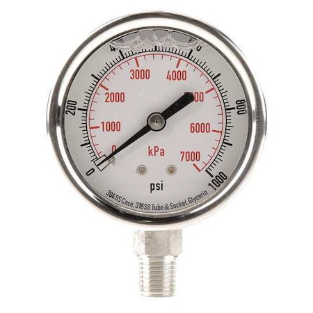 Zoro Select Commercial Pressure Gauge, 0 to 1,000 psi, 2 1/2 in Dial, 1/4 in NPT, Bottom Location 4CFJ1