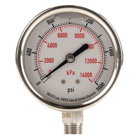 Zoro Select Commercial Pressure Gauge, 0 to 2,000 psi, 2 1/2 in Dial, 1/4 in NPT, Bottom Location 4CFJ2