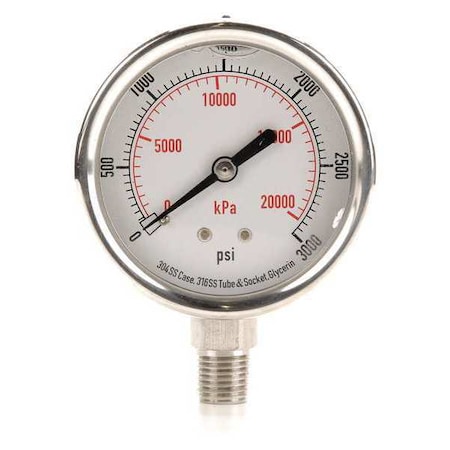 Zoro Select Commercial Pressure Gauge, 0 to 3,000 psi, 2 1/2 in Dial, 1/4 in NPT, Bottom Location 4CFJ3