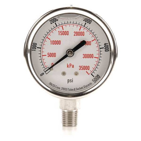 Zoro Select Commercial Pressure Gauge, 0 to 5,000 psi, 2 1/2 in Dial, 1/4 in NPT, Bottom Location 4CFJ4