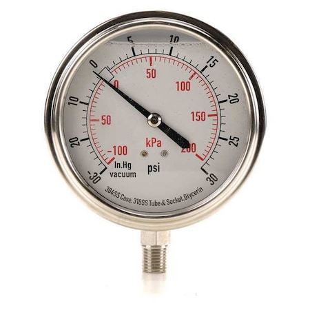 Zoro Select Commercial Compound Gauge, 30 to 0 to 30 psi, 3 1/2 in Dial, 1/4 in NPT, Bottom Location 4CFJ6