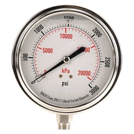 Zoro Select Commercial Pressure Gauge, 0 to 3,000 psi, 3 1/2 in Dial, 1/4 in NPT, Bottom Location 4CFK8