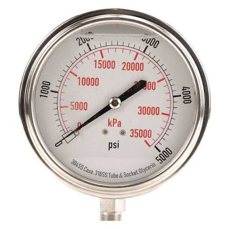 Zoro Select Commercial Pressure Gauge, 0 to 5,000 psi, 3 1/2 in Dial, 1/4 in NPT, Bottom Location 4CFK9