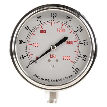ZORO SELECT Pressure Gauge, 0 to 300 psi, 1/4 in MNPT, Stainless Steel, Silver 4CFK3