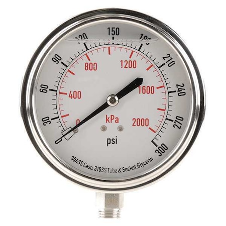 Zoro Select Commercial Pressure Gauge, 0 to 300 psi, 3 1/2 in Dial, 1/4 in NPT, Bottom Location 4CFK3