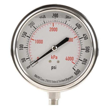 Zoro Select Commercial Pressure Gauge, 0 to 600 psi, 3 1/2 in Dial, 1/4 in NPT, Bottom Location 4CFK5