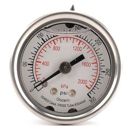 Zoro Select Commercial Pressure Gauge, 0 to 300 psi, 1 1/2 in Dial, 1/8 in NPT, Center Back Location 4CFL8