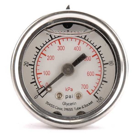 Zoro Select Commercial Pressure Gauge, 0 to 100 psi, 1 1/2 in Dial, 1/8 in NPT, Center Back Location 4CFL5