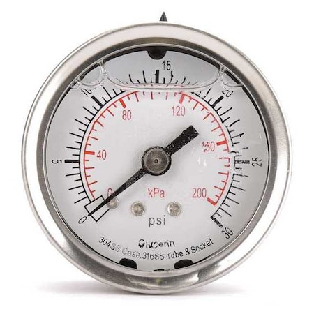 Zoro Select Commercial Pressure Gauge, 0 to 30 psi, 2 in Dial, 1/4 in NPT, Center Back Location 4CFN8
