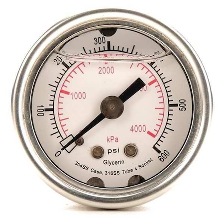 Zoro Select Commercial Pressure Gauge, 0 to 600 psi, 1 1/2 in Dial, 1/8 in NPT, Center Back Location 4CFN1