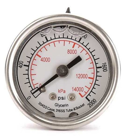 Zoro Select Commercial Pressure Gauge, 0 to 2,000 psi, 1 1/2 in Dial, 1/8 in NPT, Center Back Location 4CFN3