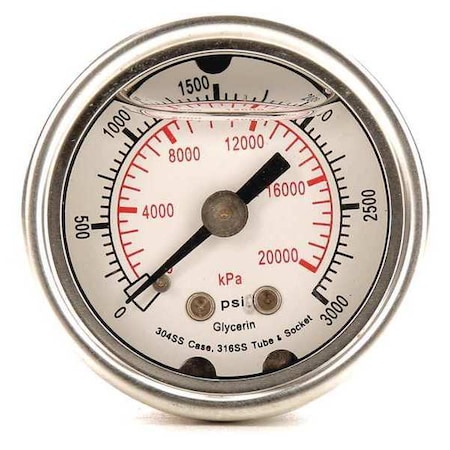 Zoro Select Commercial Pressure Gauge, 0 to 3,000 psi, 1 1/2 in Dial, 1/8 in NPT, Center Back Location 4CFN4