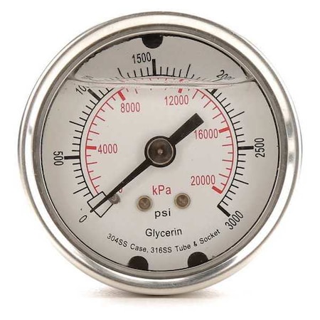 Zoro Select Commercial Pressure Gauge, 0 to 3,000 psi, 2 in Dial, 1/4 in NPT, Center Back Location 4CFP9