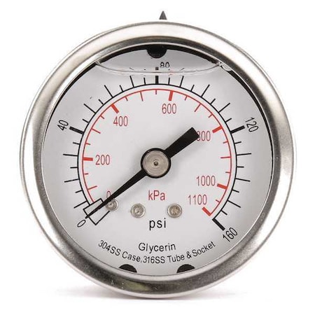 Zoro Select Commercial Pressure Gauge, 0 to 160 psi, 2 in Dial, 1/4 in NPT, Center Back Location 4CFP2